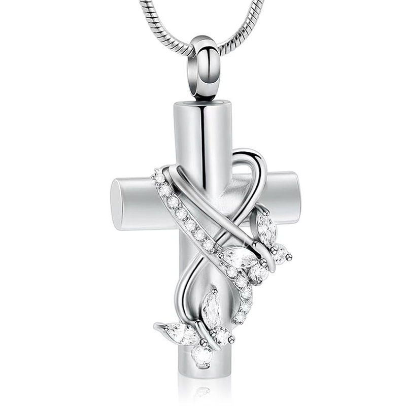 Silver cross with butterfly diamond pendant