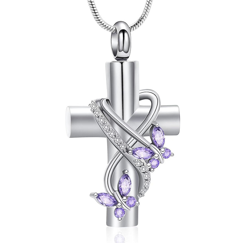 Silver purple cross with butterfly diamond pendant
