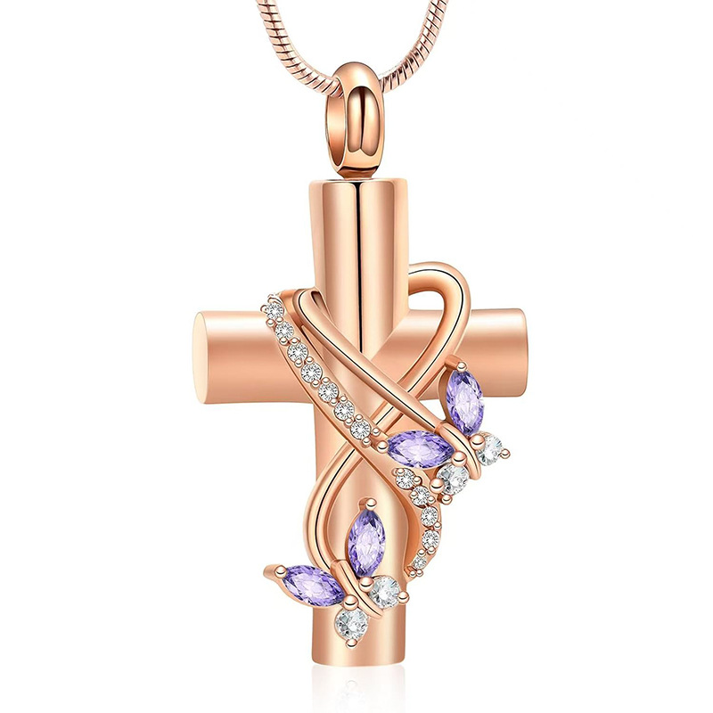 Rose gold purple cross with butterfly diamond pendant