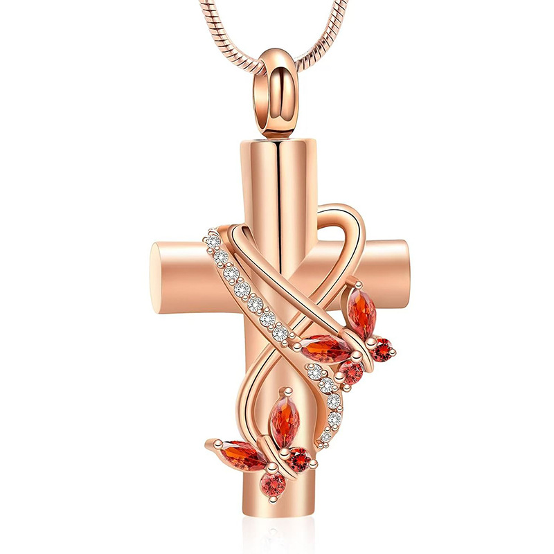 Rose gold red cross with butterfly diamond pendant