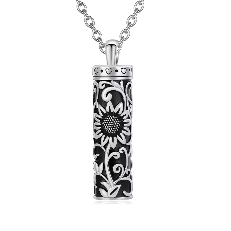 Silver and black cylinder sunflower pendant