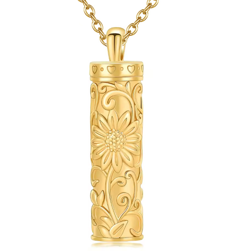 Gold cylinder sunflower pendant
