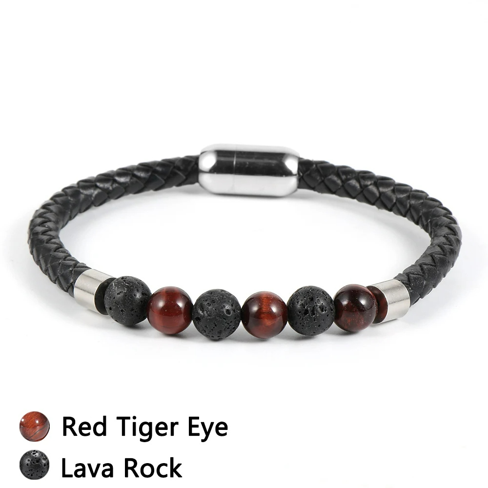 Volcanic stone red tiger eye stone leather bracelet