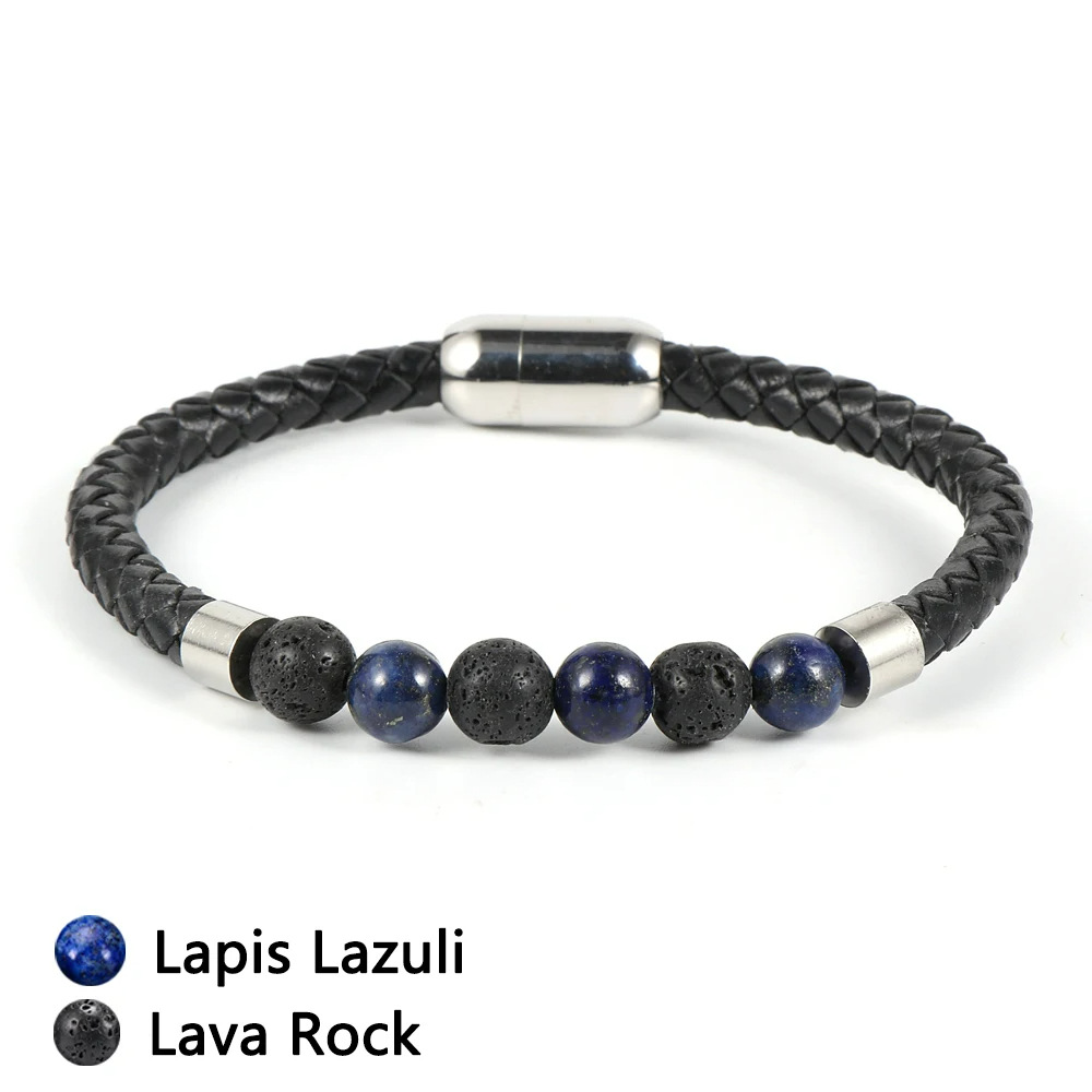 Volcanic stone lapis lazuli leather bracelet