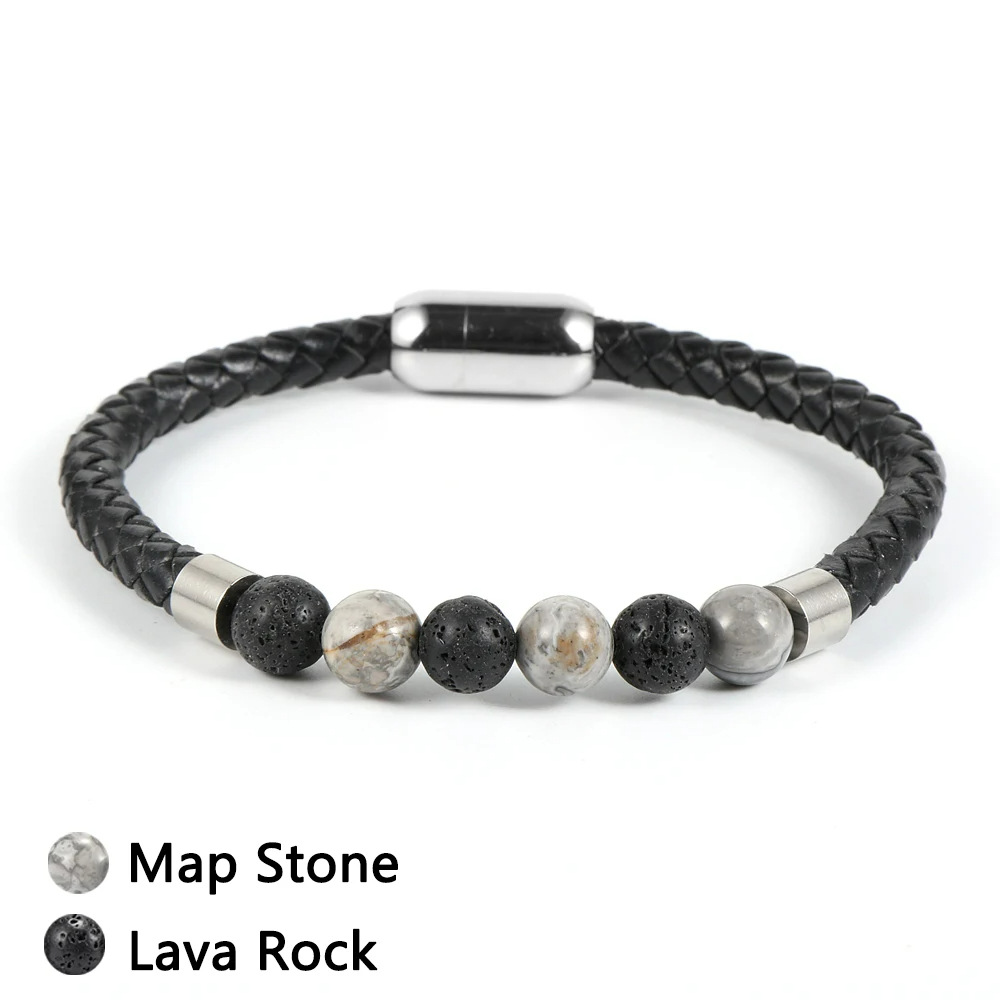 Map stone volcanic stone leather bracelet