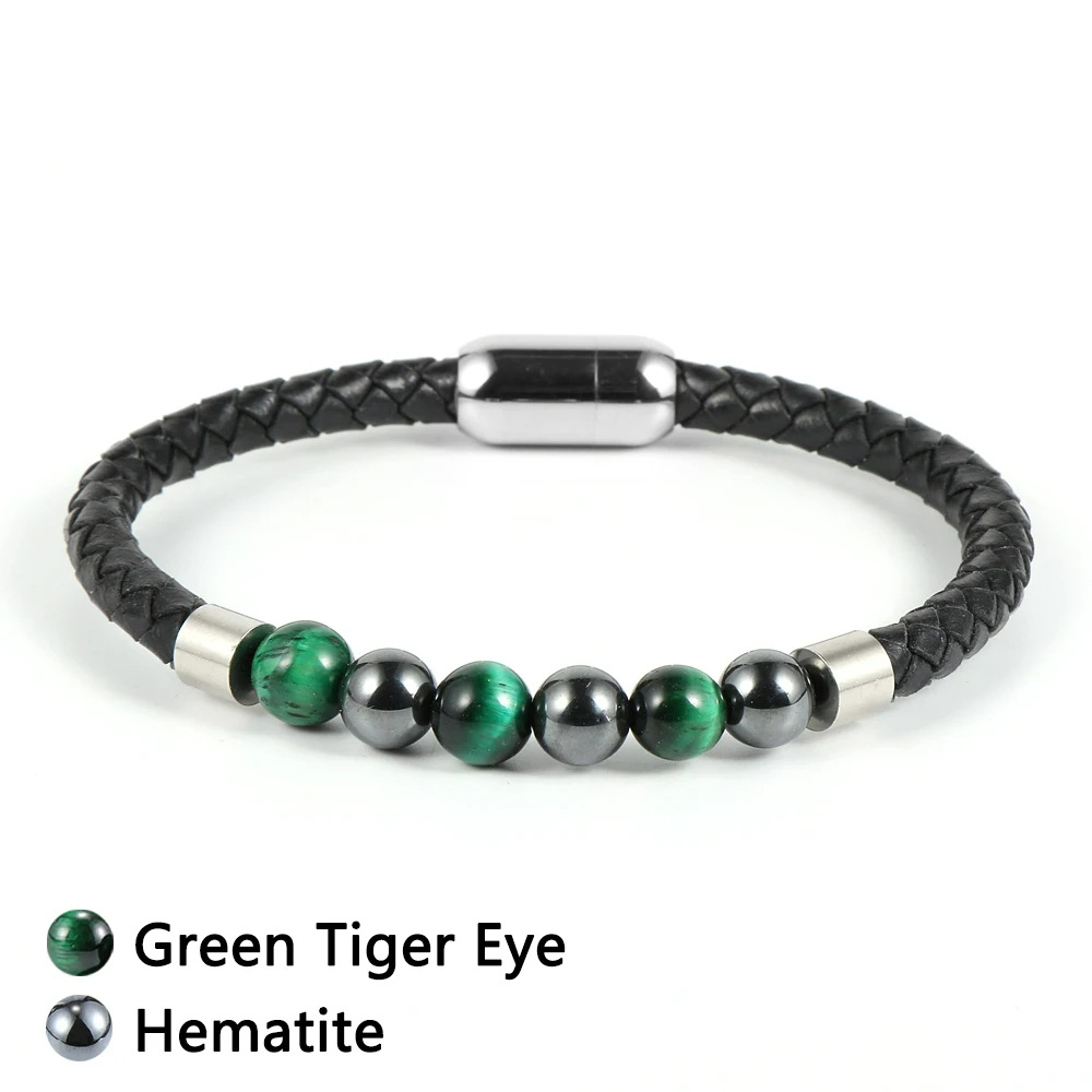 Green tiger eye magnet leather bracelet