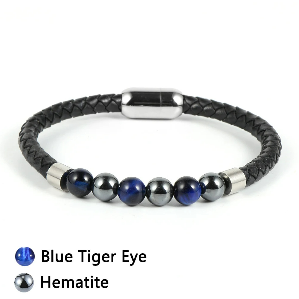 Blue tiger eye magnet leather bracelet
