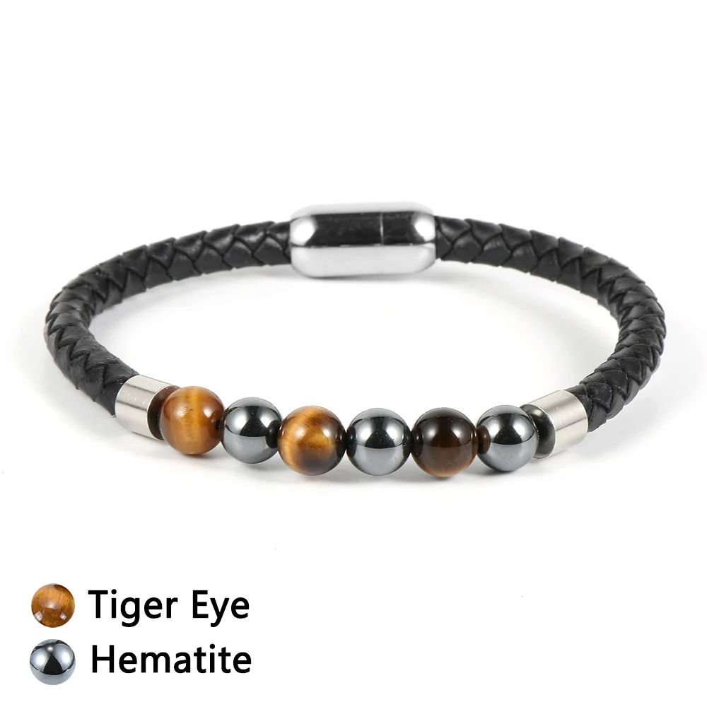Yellow tiger eye magnet leather bracelet