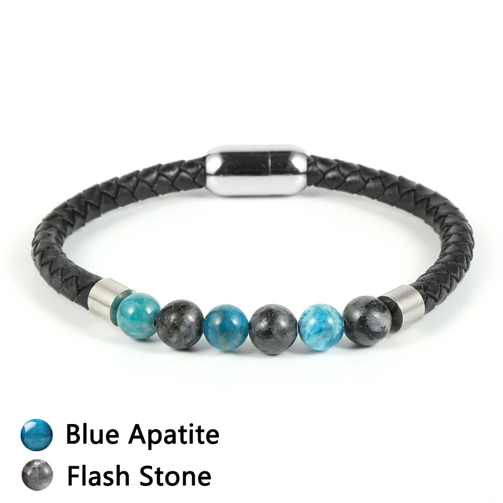 Blue apatite glitter stone leather bracelet