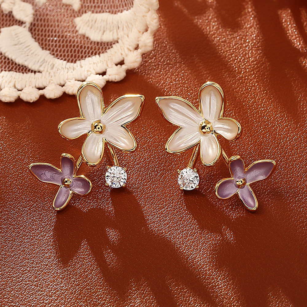 Gold white and purple flower earrings
