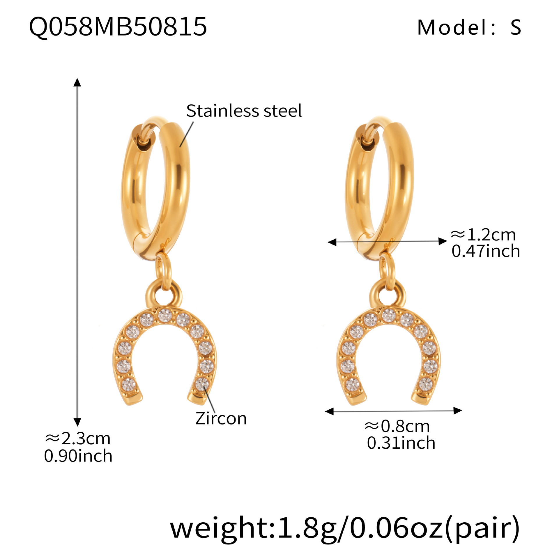 Q058- Golden Horseshoe Buckle Zircon Earrings -S