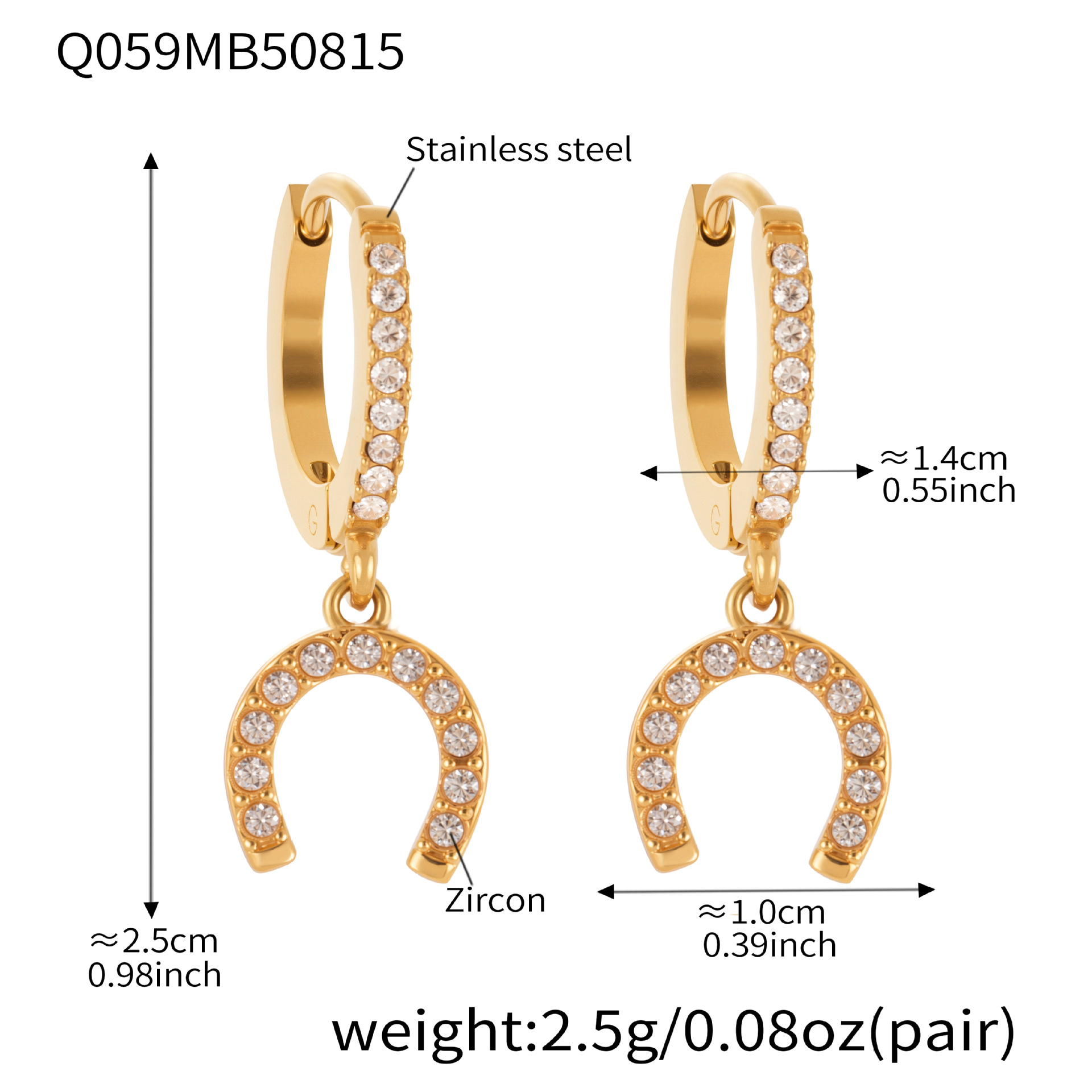 Q059- Golden horseshoe-studded zircon earrings