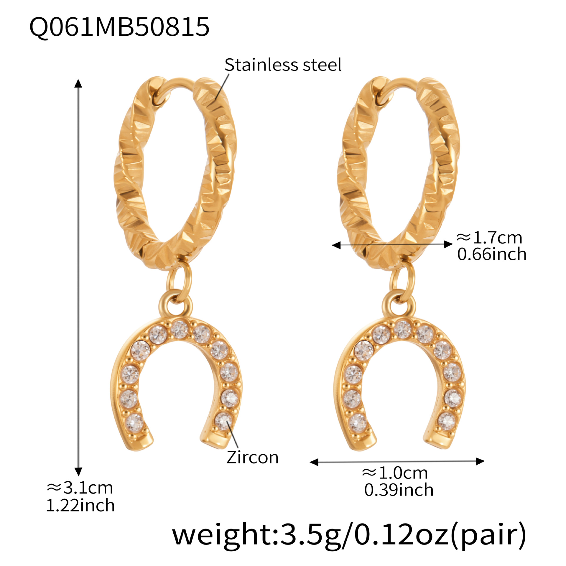 Q061- Golden horseshoe-shaped zirconia earrings