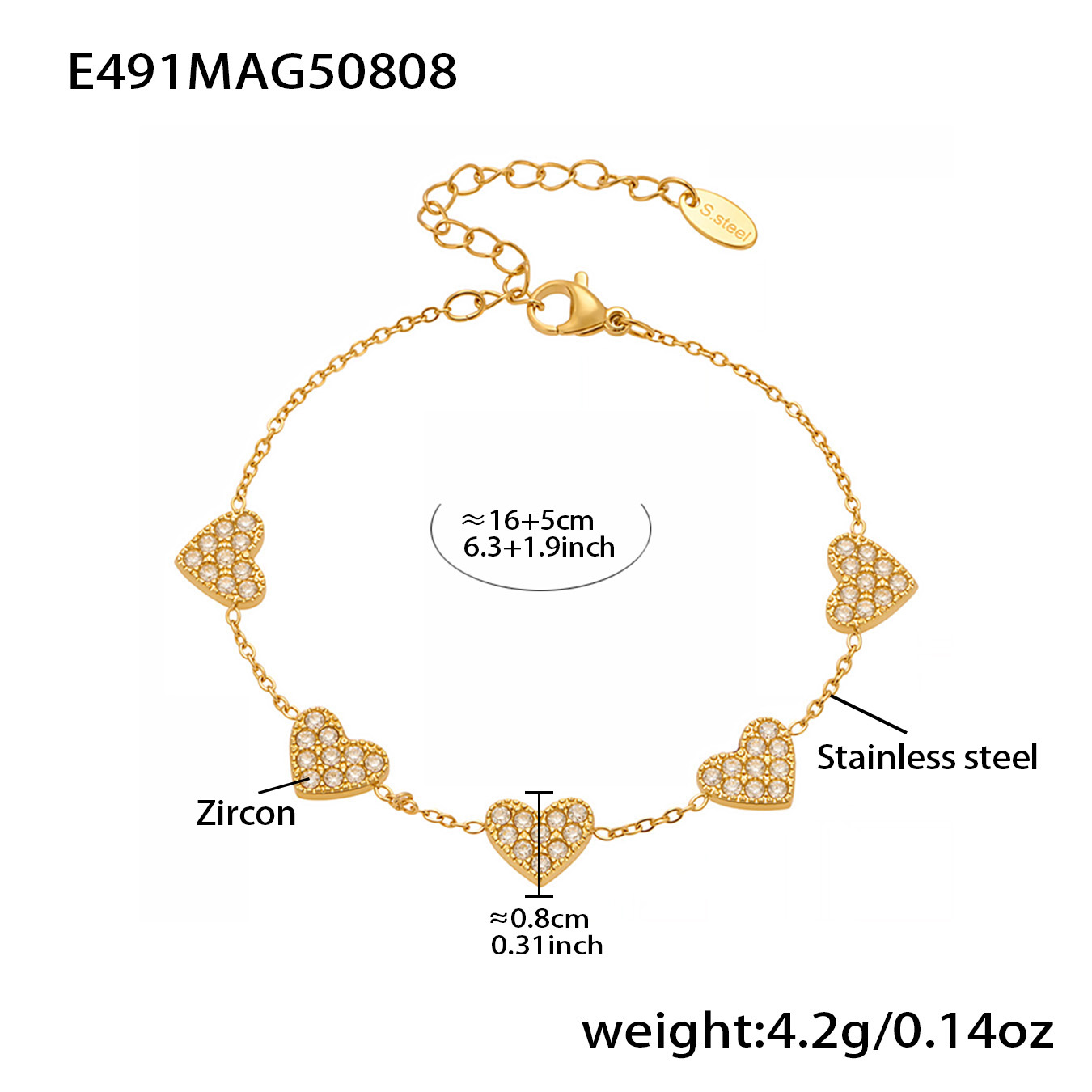 E491- Golden Heart Bracelet, 16 5cm