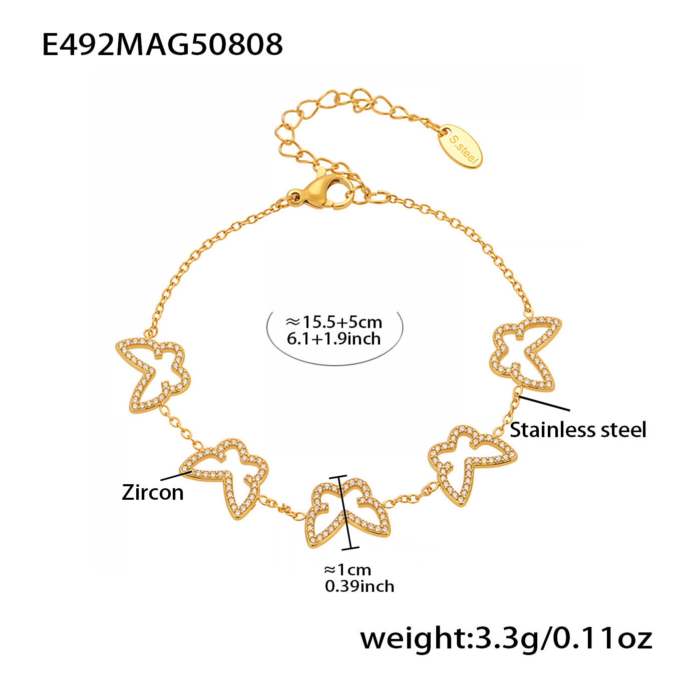 E492- Golden Butterfly Bracelet, 15 5cm