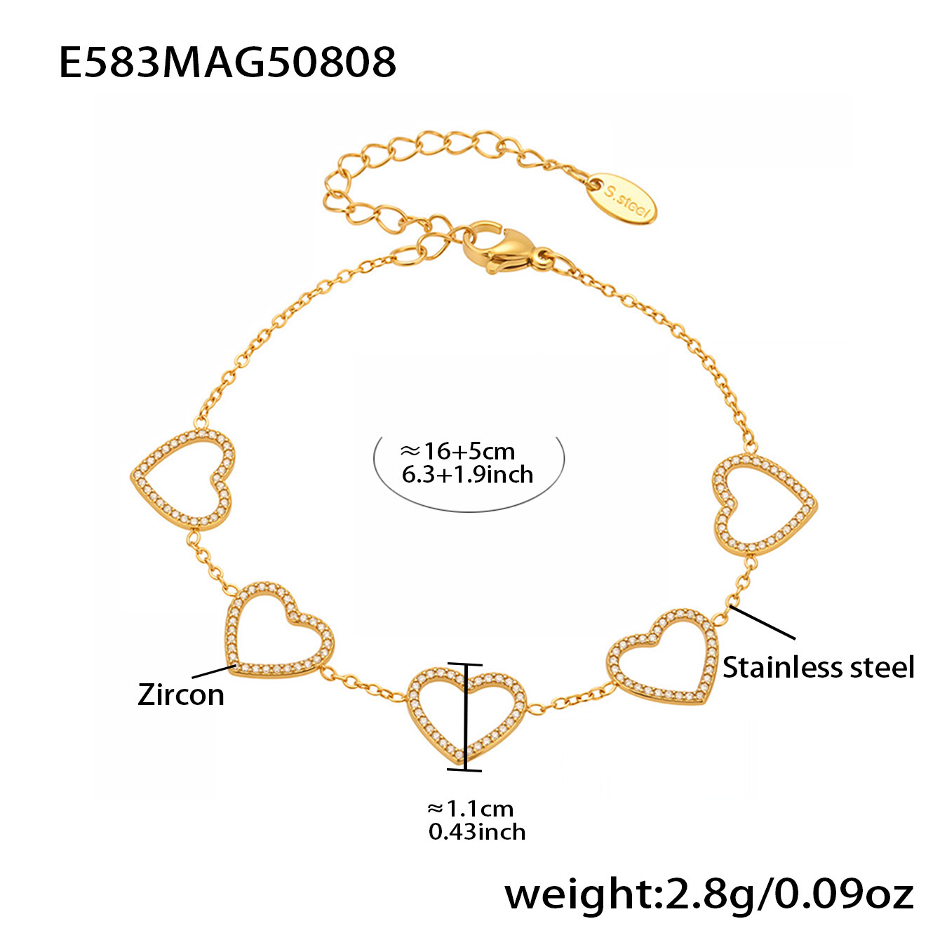 E583- Golden Hollowed-out Heart Bracelet 16 5cm