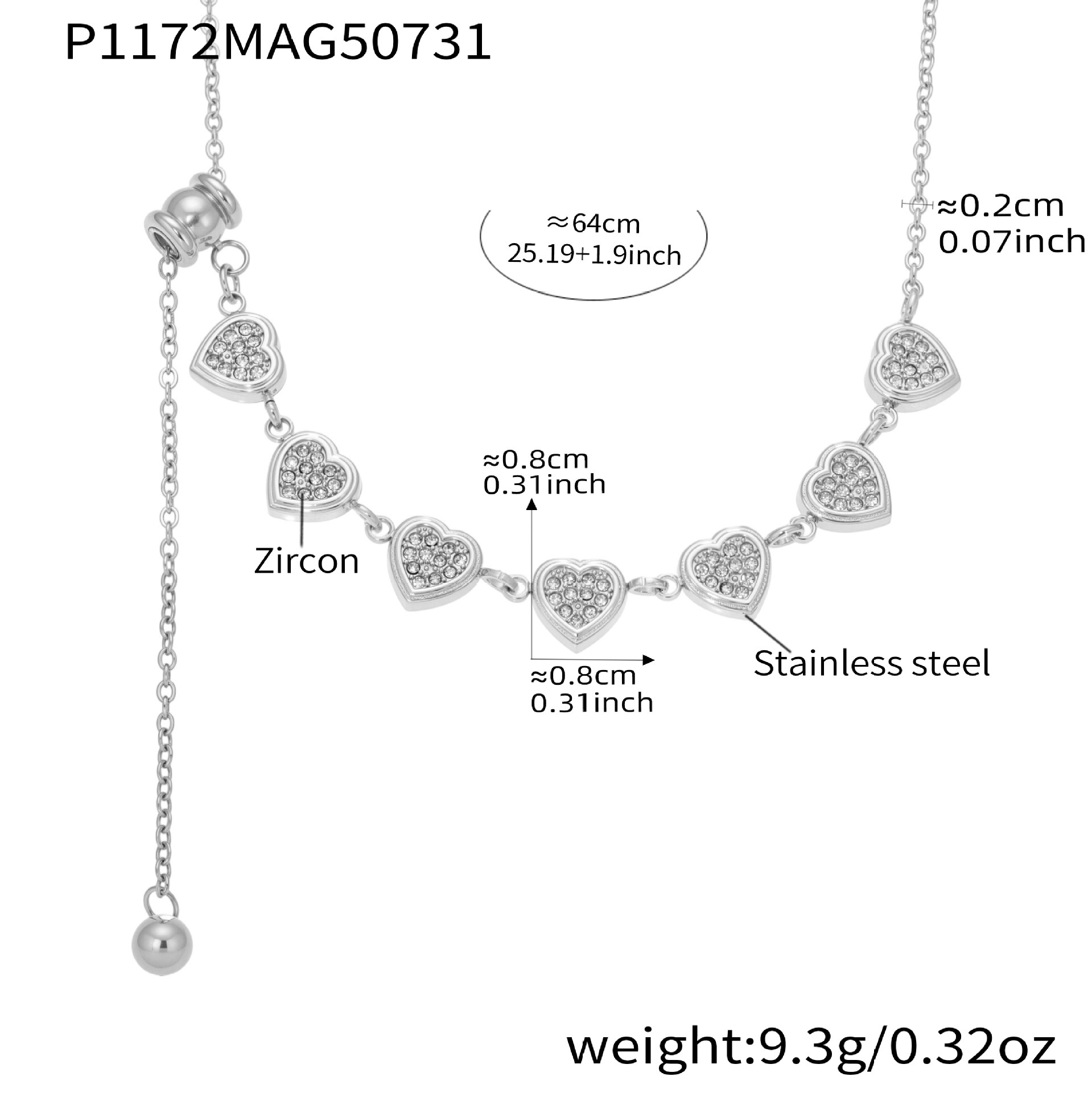 P1172- Steel heart-shaped pull-out necklace, 64cm