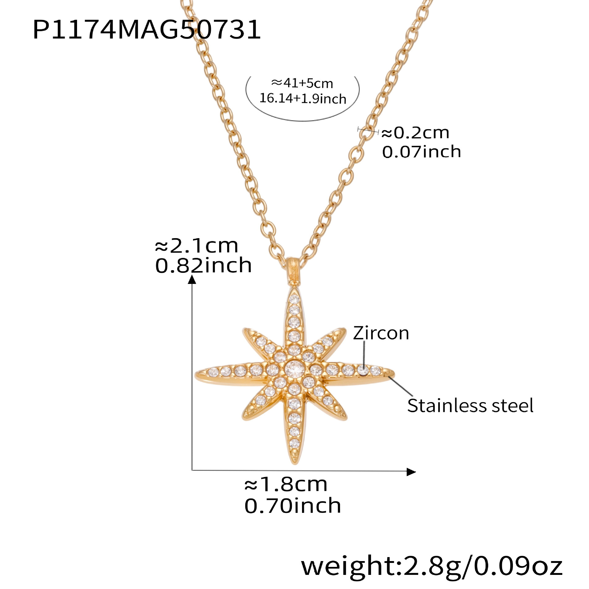P1174- Golden Eight-pointed Star necklace, 41 5cm