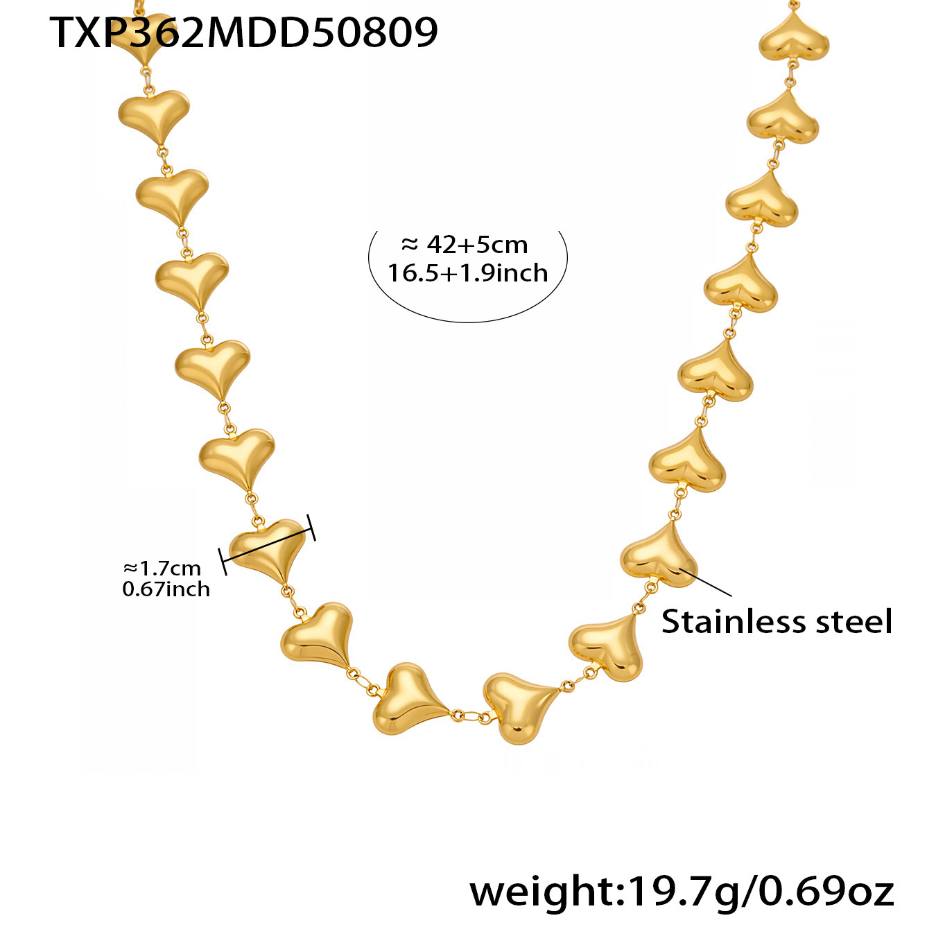TXP362- Golden Heart Hollow Necklace, 42 5cm