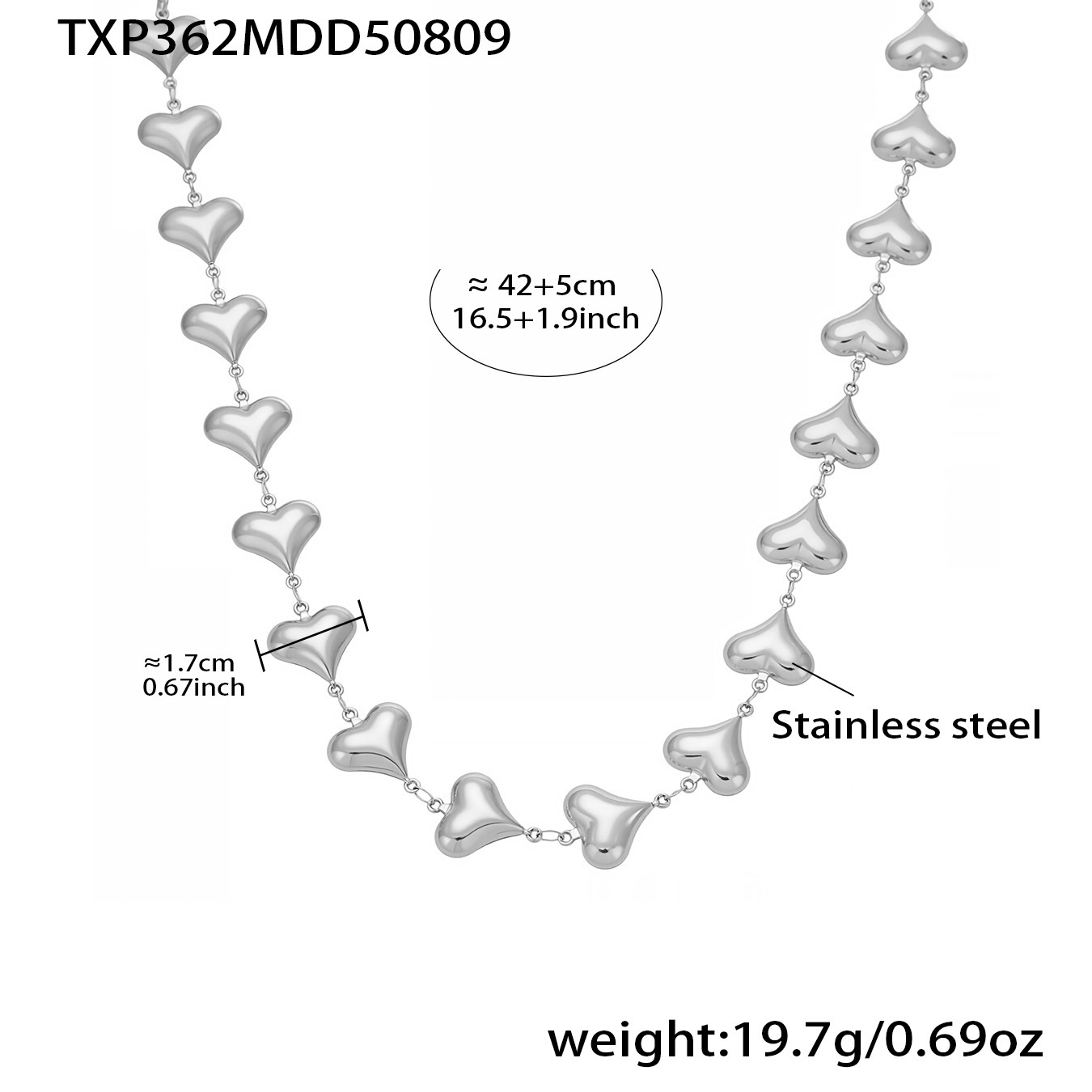 TXP362- Steel heart-shaped Hollow Necklace, 42 5cm