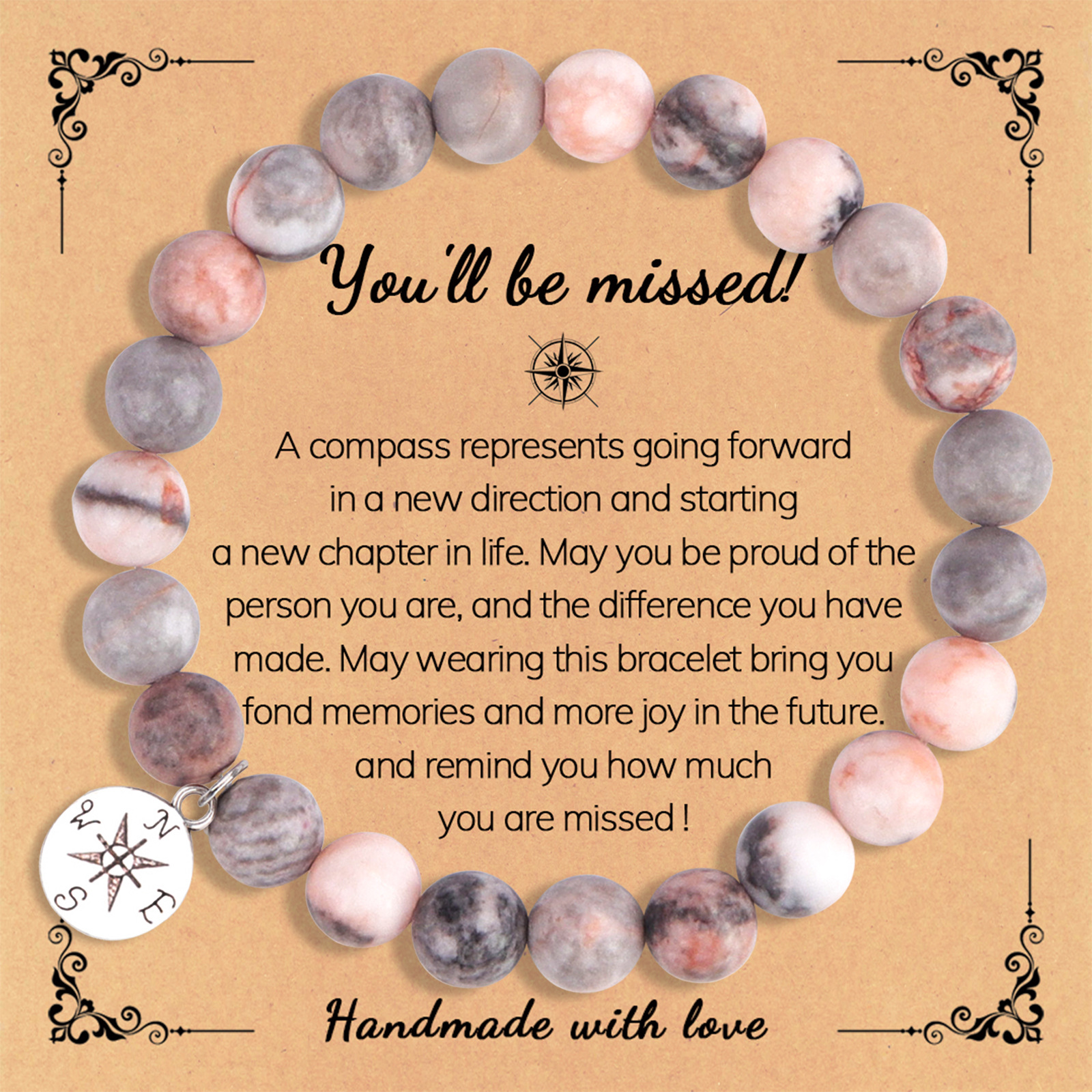 Pink zebra Compass pendant you'll card