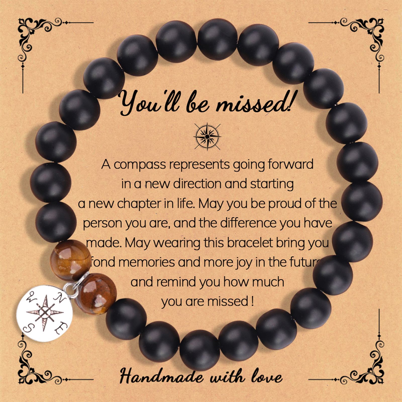 Black frosted Tiger Eye Stone Compass pendant you'll card