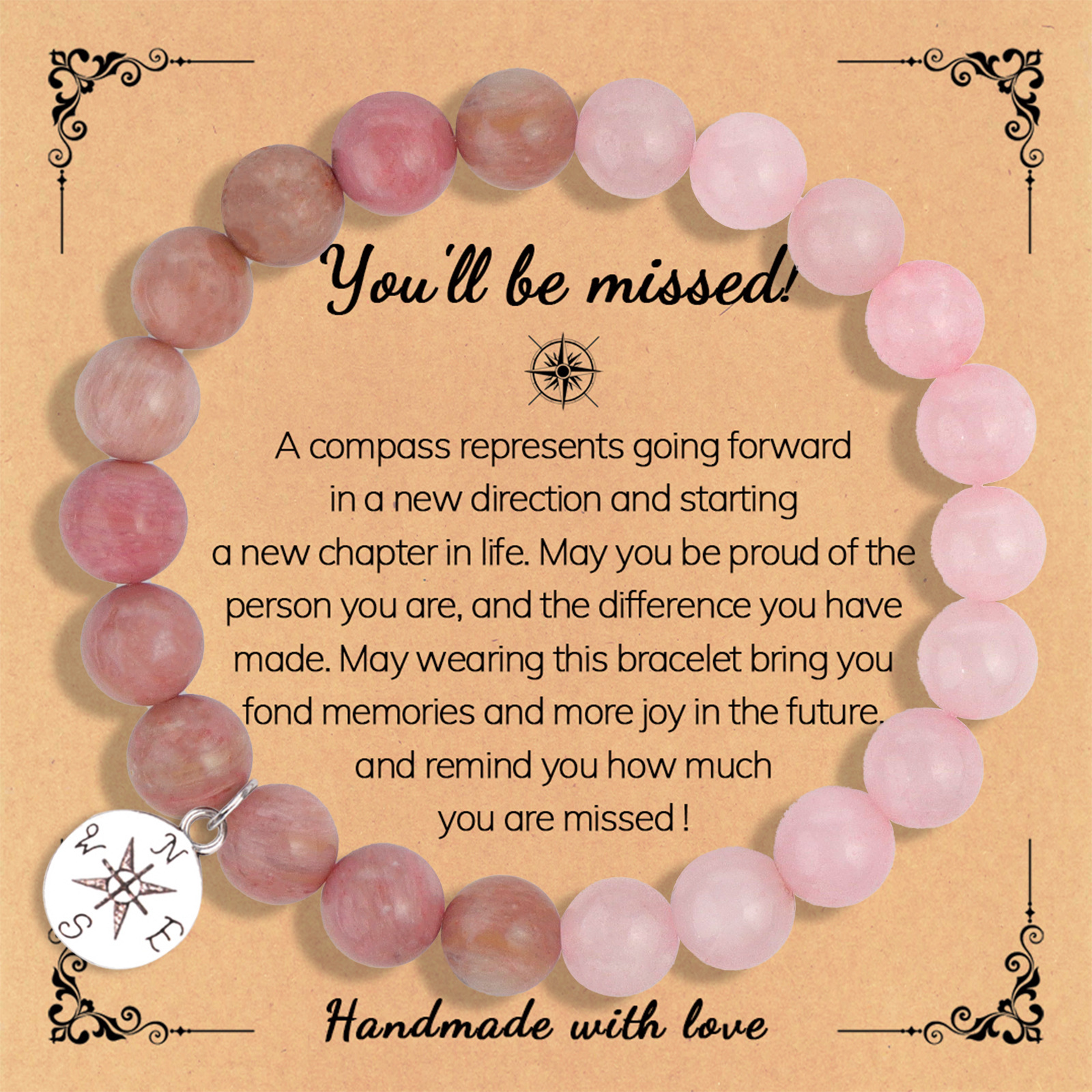 Pink crystal red stone Compass pendant you'll card