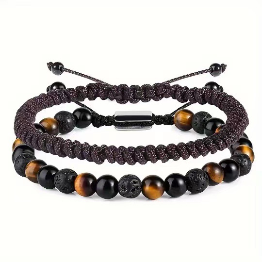 Tiger eye obsidian volcanic stone brown braided bracelet