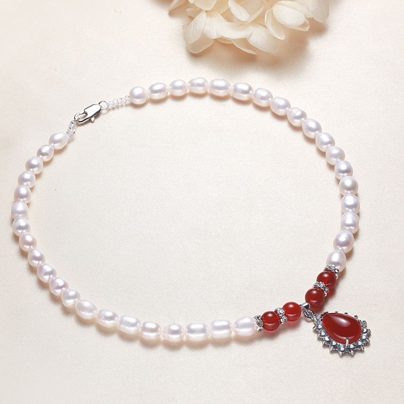 Red agate pendant with diamond pearl necklace