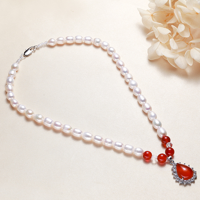 Red Agate Pendant with Crystal Pearl Necklace