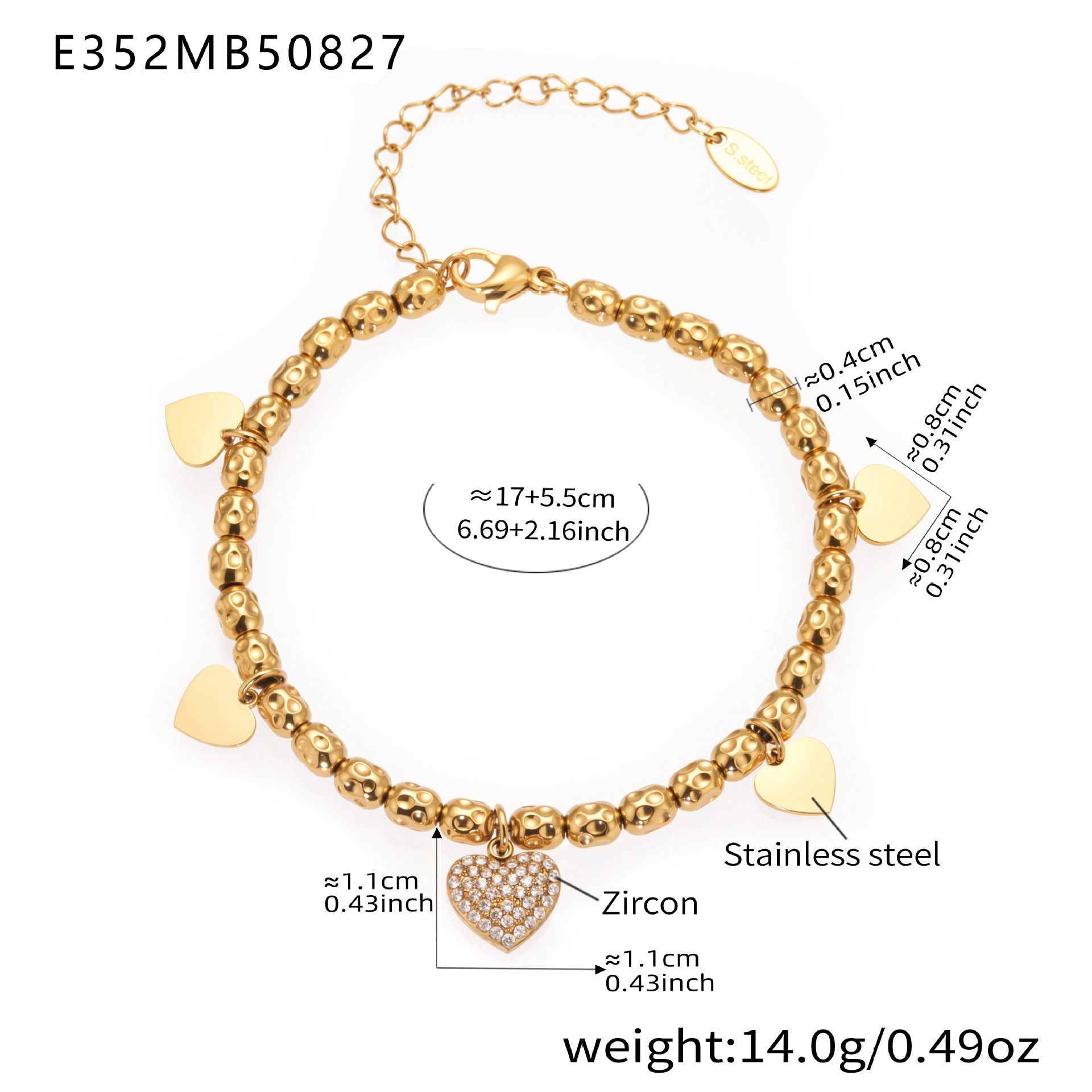 Heart-shaped zircon bracelet