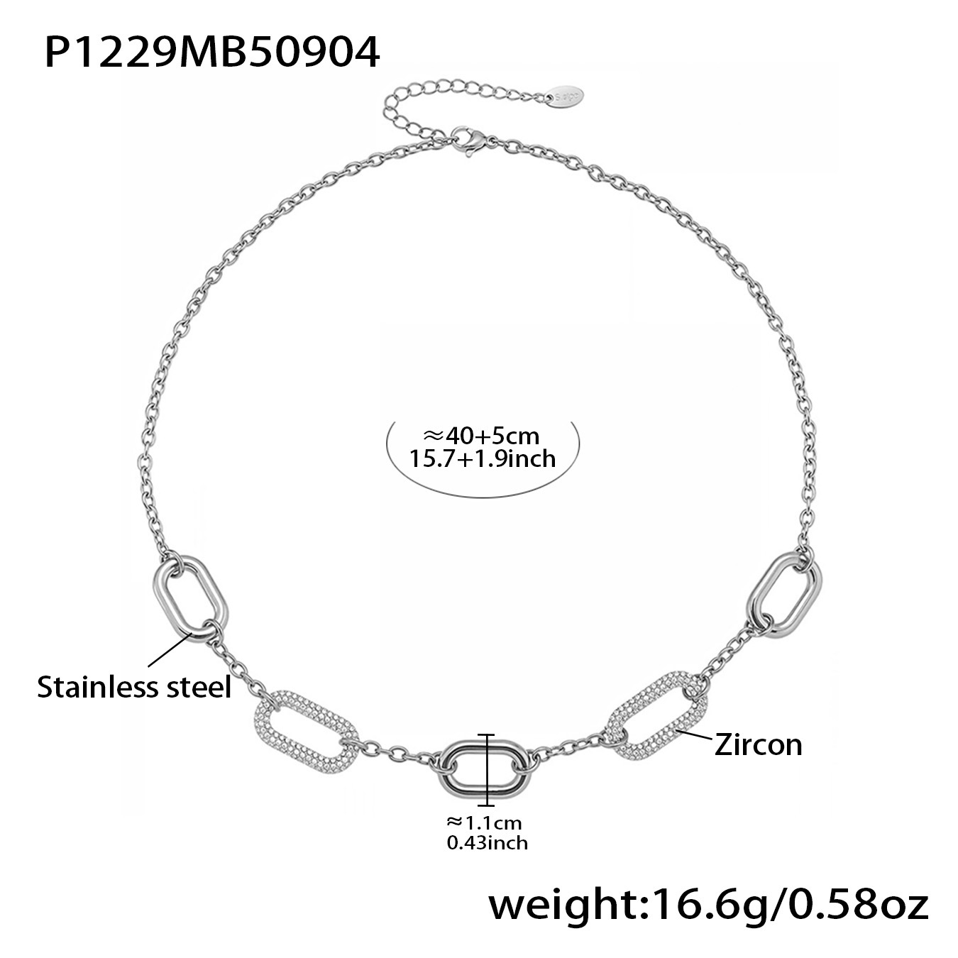 Steel-colored full diamond square zircon necklace
