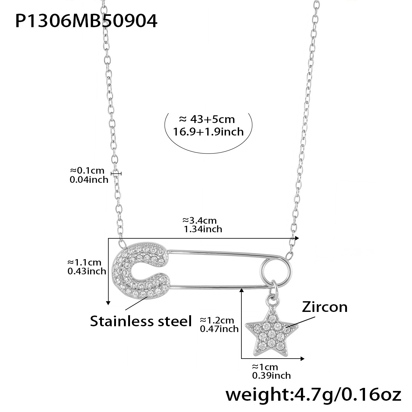 Steel-colored five-pointed star paperclip zircon necklace