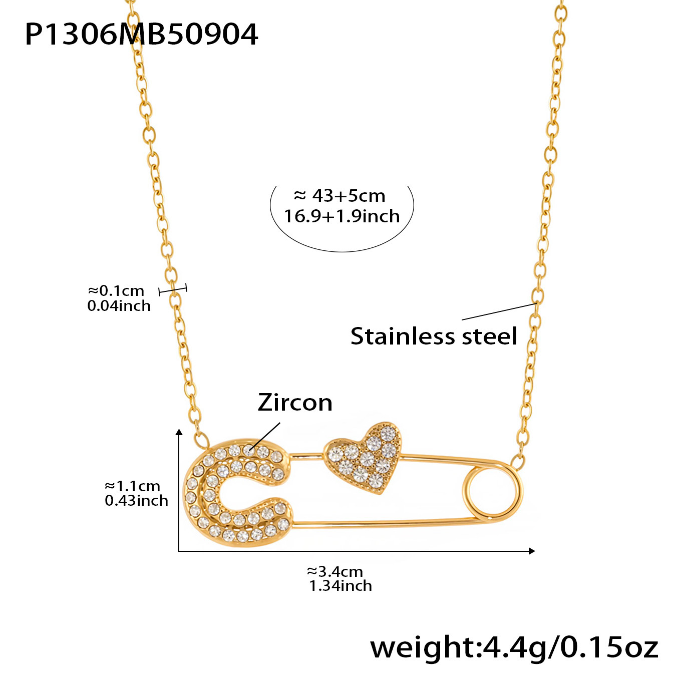 Golden heart-shaped paperclip zircon necklace