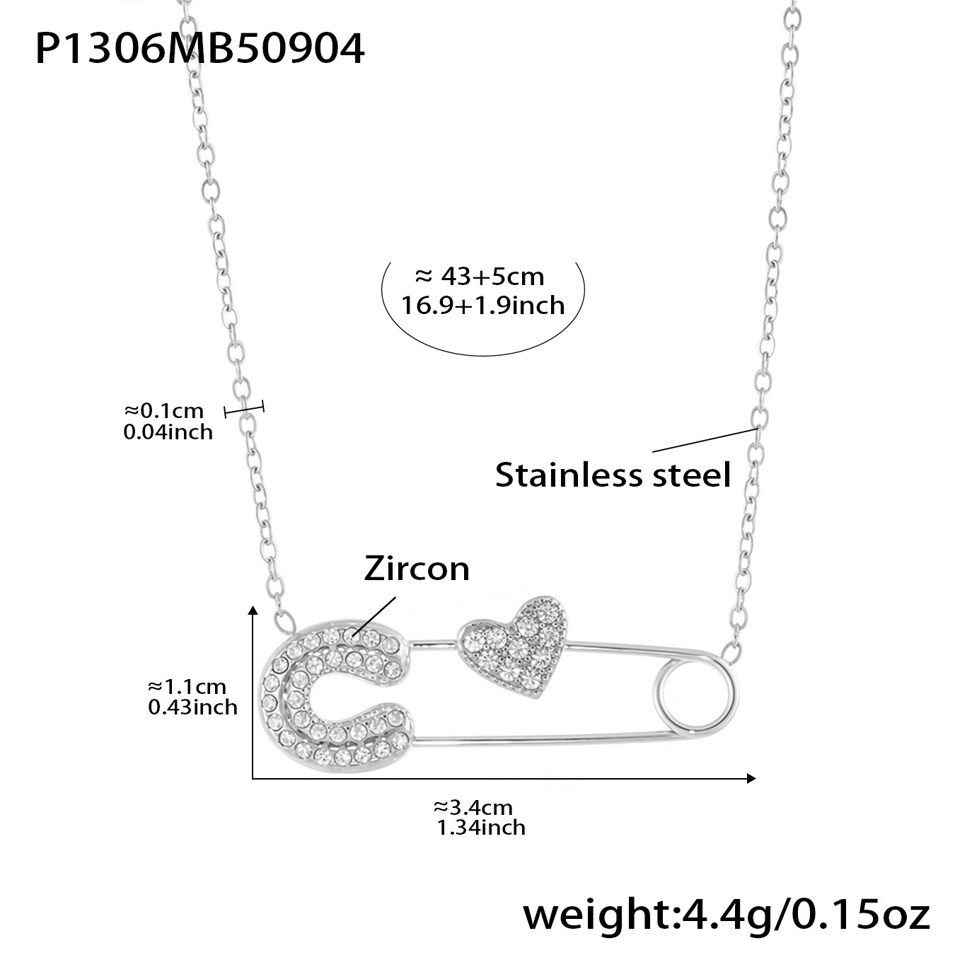 Steel-colored heart-shaped paperclip zircon necklace