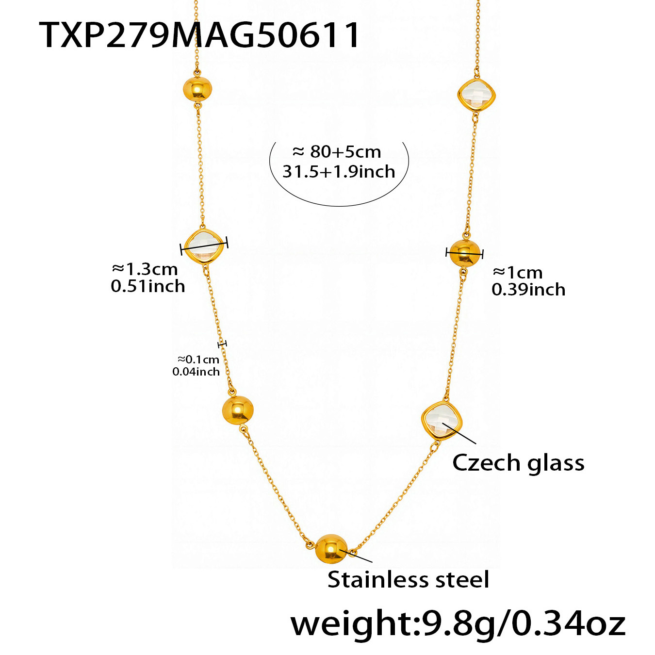 Txp279-gold white glass stone necklace 80+5cm