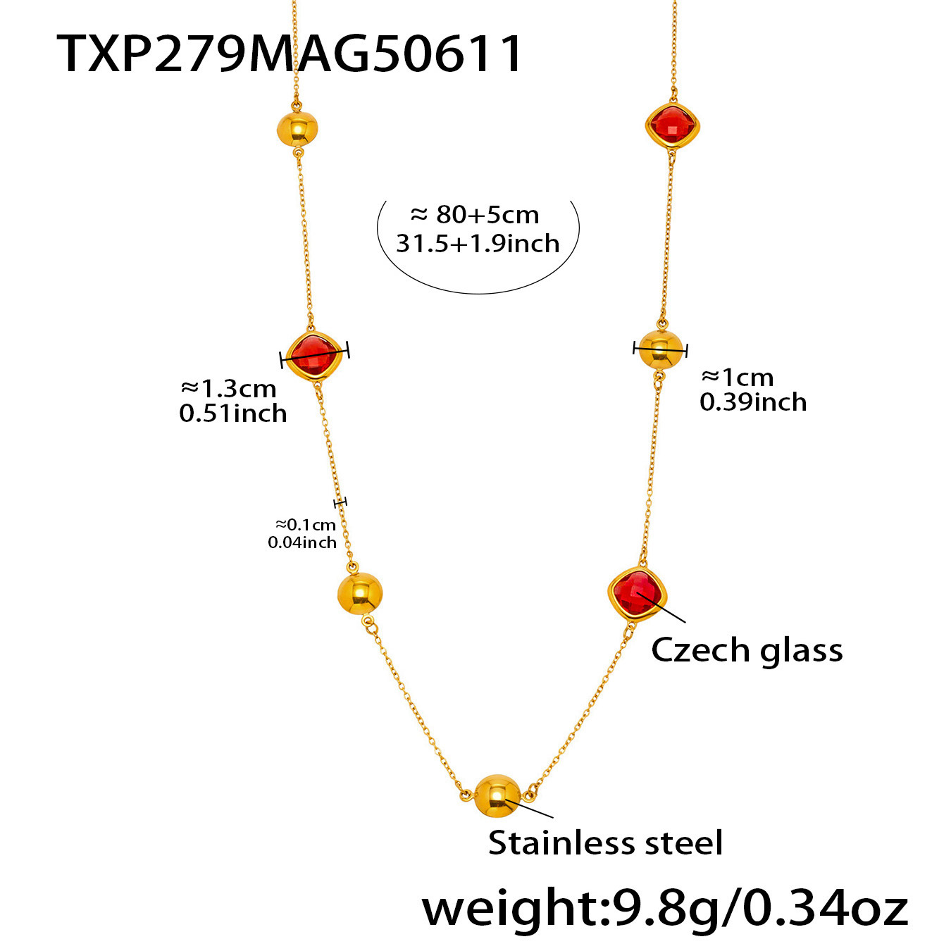 Txp279-gold red glass stone necklace 80+5cm