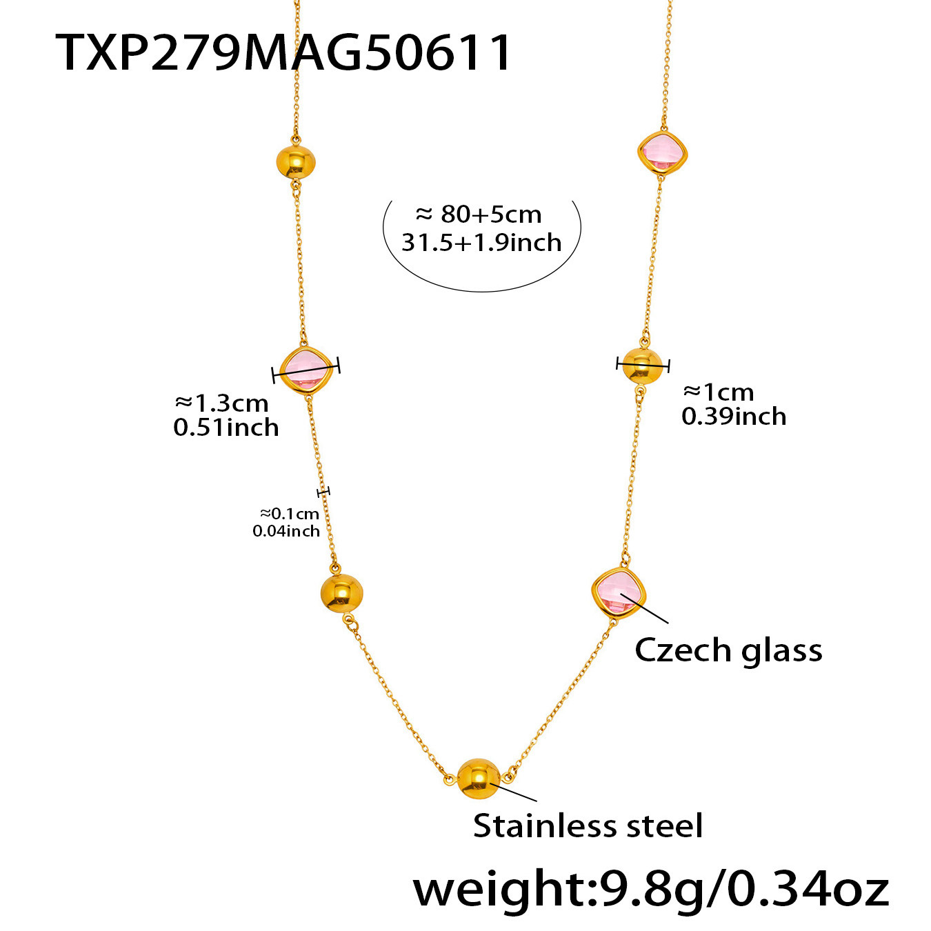 Txp279-gold pink glass stone necklace 80+5cm