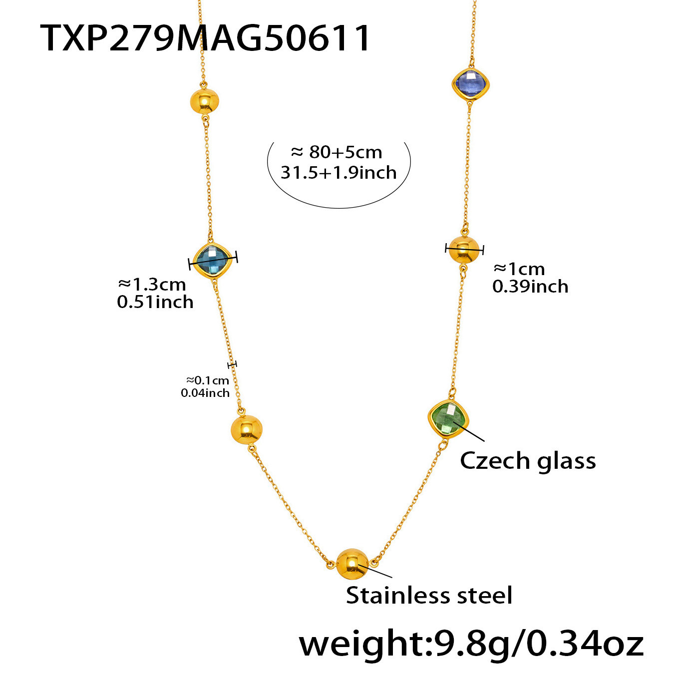 Txp279-gold mixed glass stone necklace 80+5cm