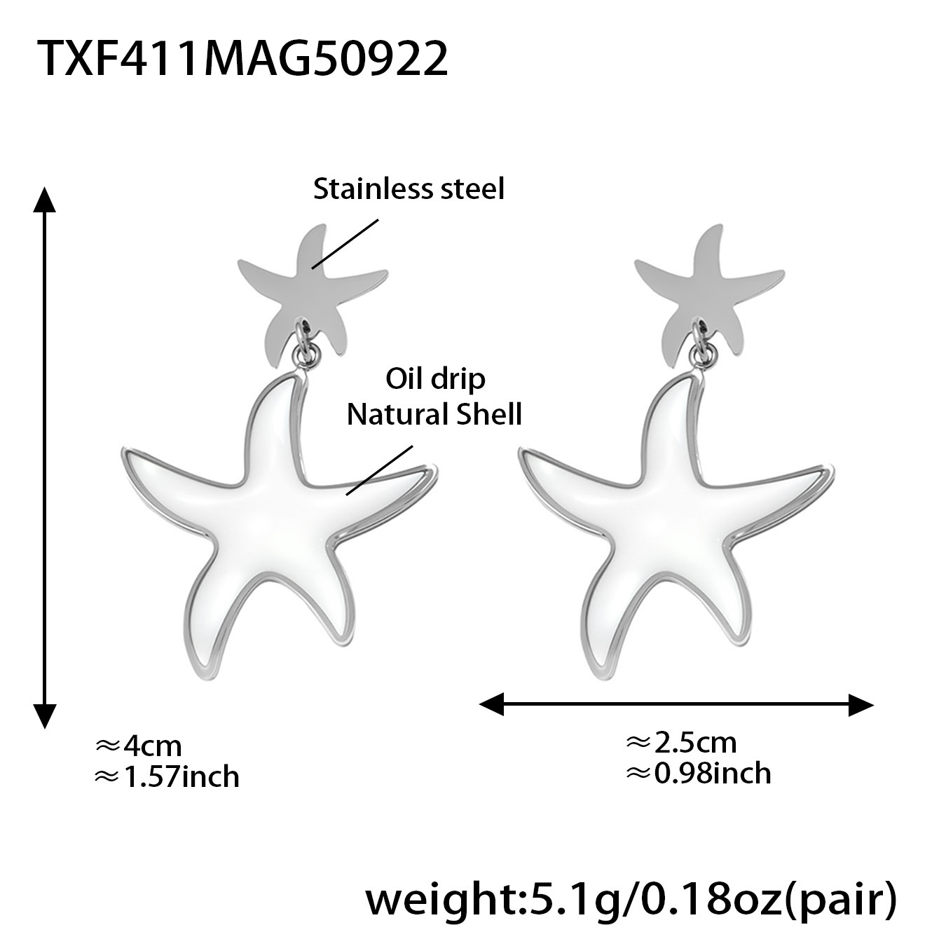 Steel-colored starfish earrings