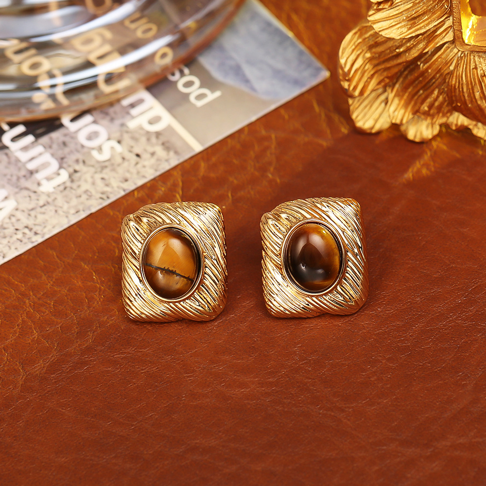 Golden tiger eye stone geometric earrings