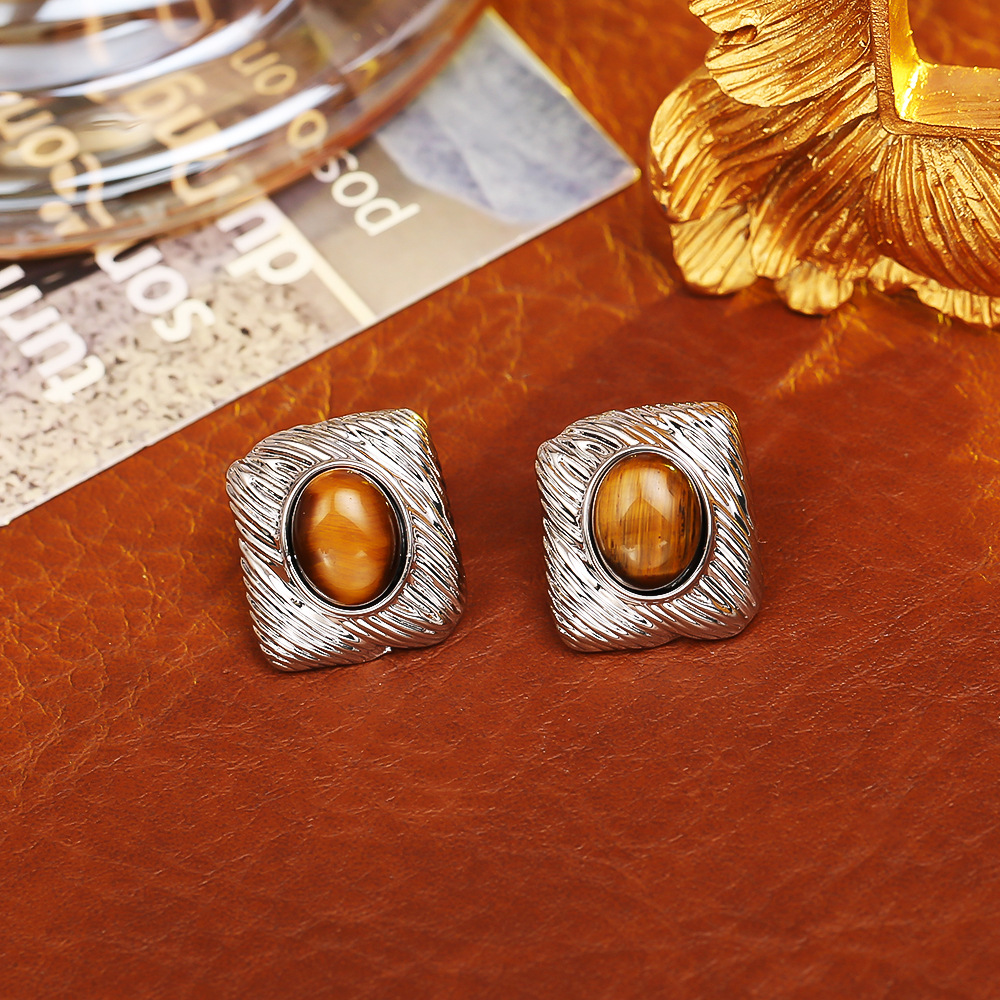 Silver tiger eye stone geometric earrings