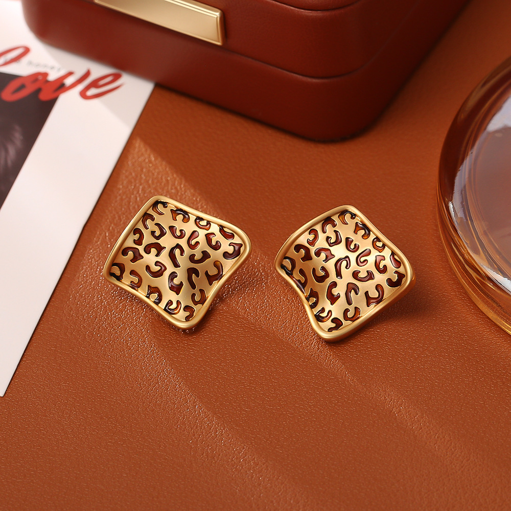 Golden square leopard print ear studs