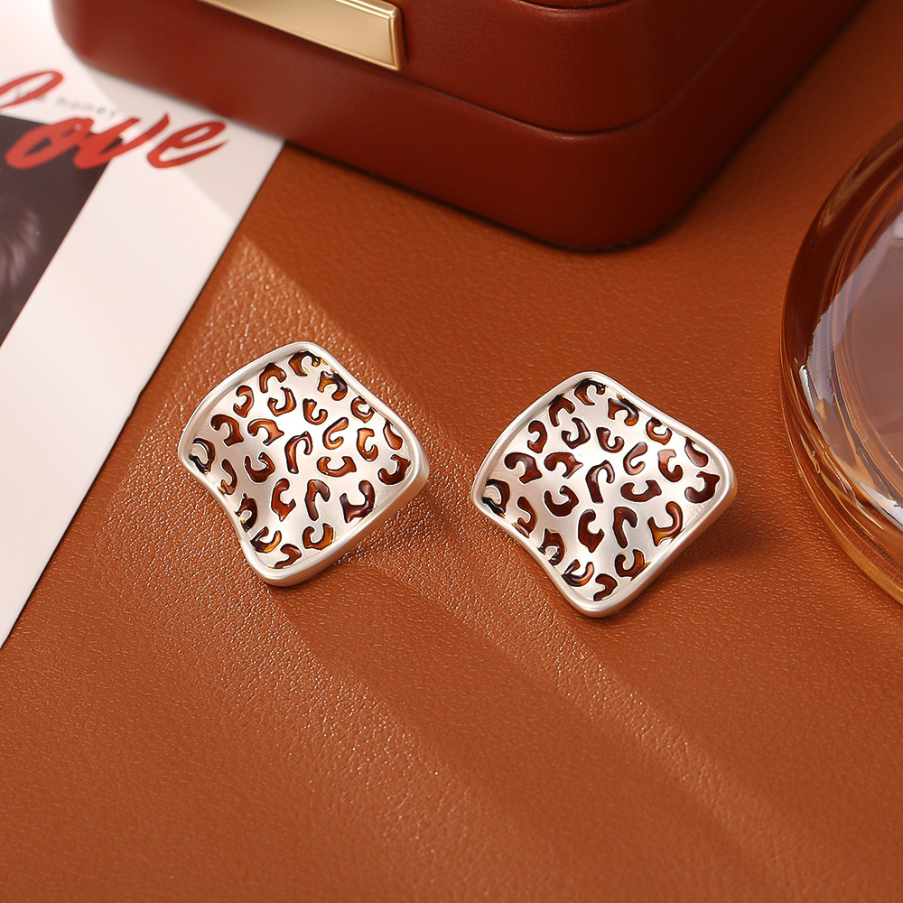 Silver square leopard print stud earrings