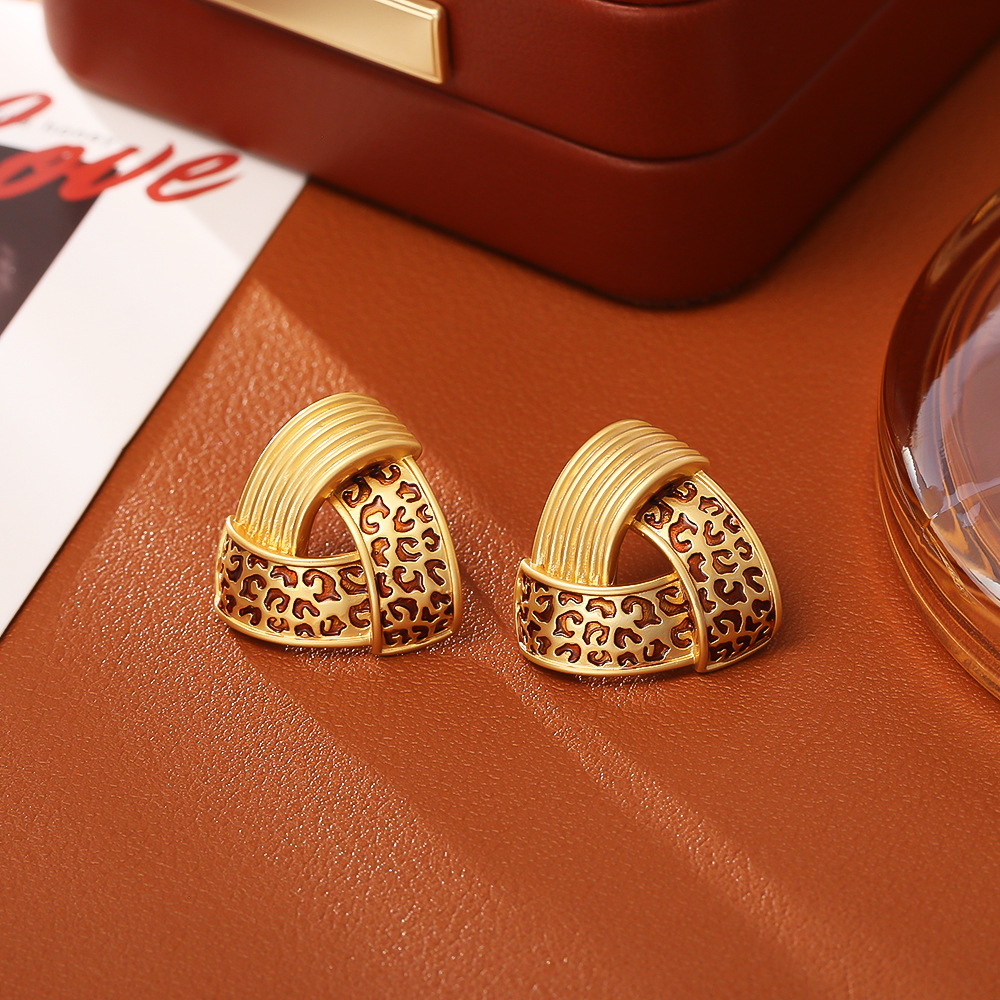 Golden triangular leopard print ear studs