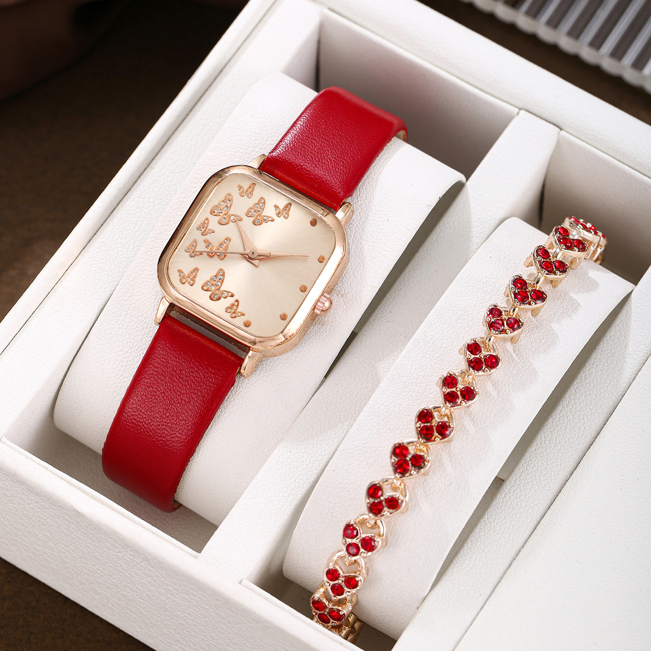 A set of red single heart-shaped bracelets