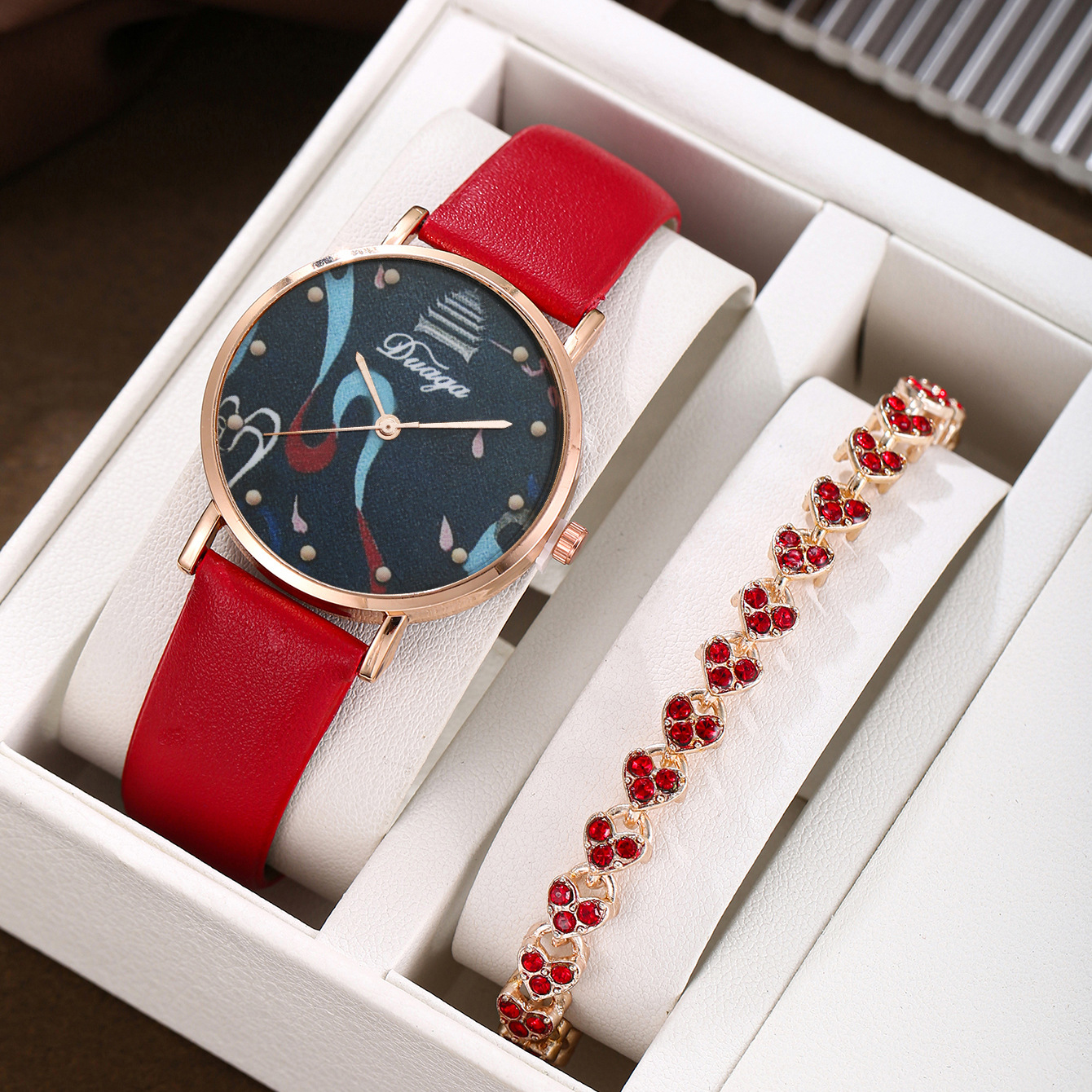 A set of red single heart-shaped bracelets