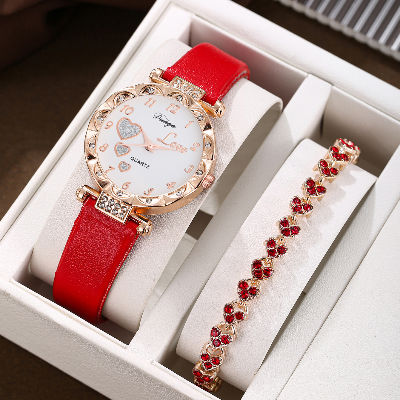 A set of red single heart-shaped bracelets