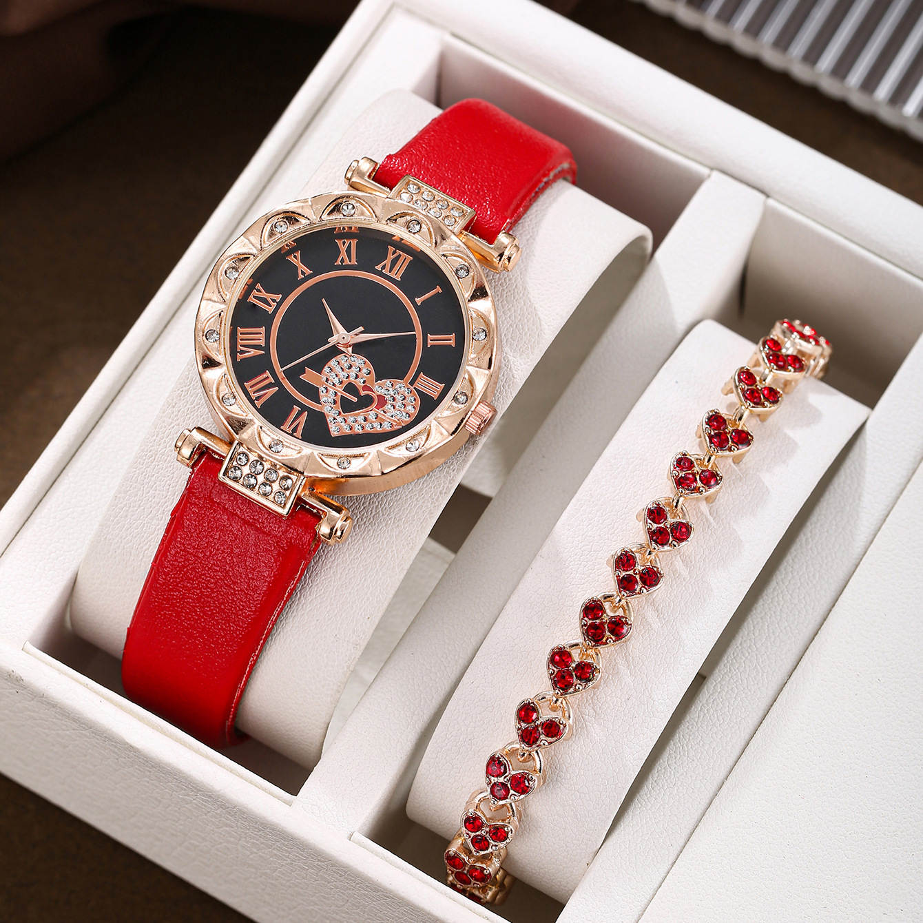 A set of red single heart-shaped bracelets