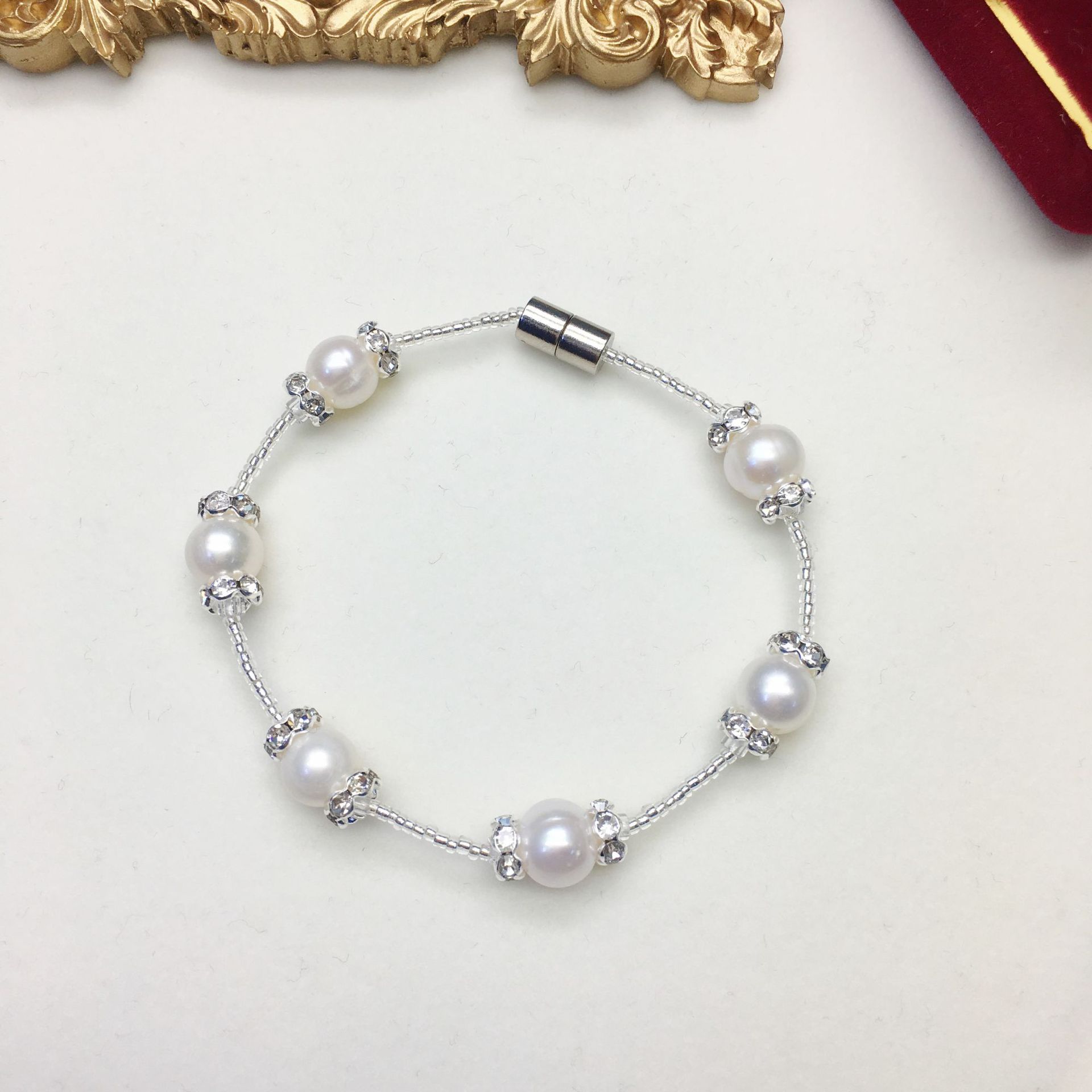 White-natural freshwater nearly round pearl magnet clasp bracelet